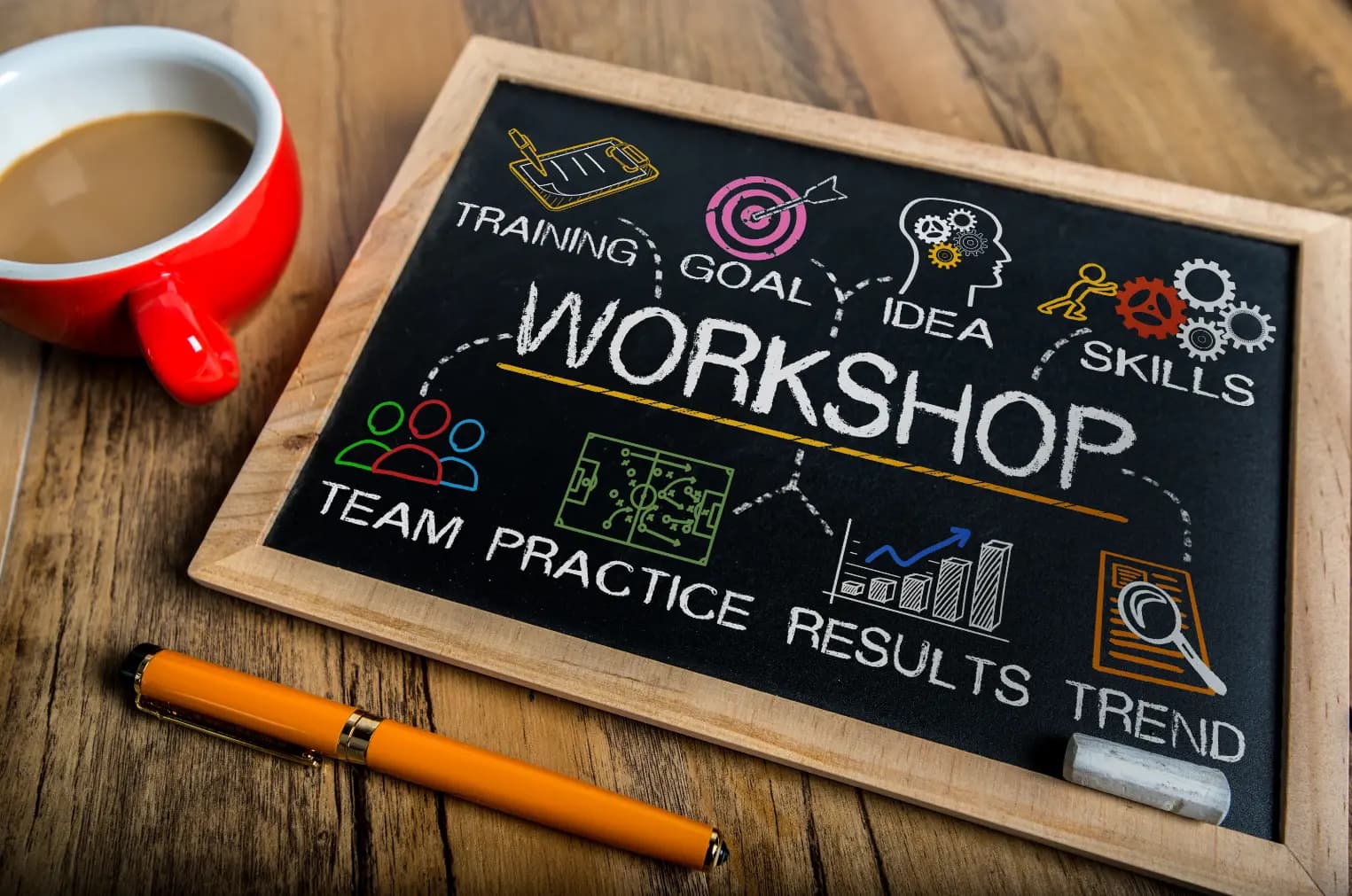 The concept and types of workshops on a chalkboard.